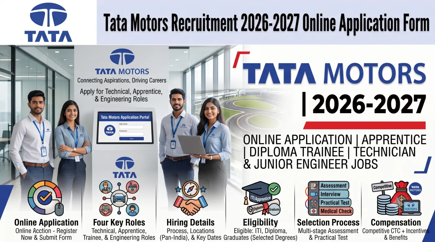 Tata Motors Recruitment 2026-2027 Online Application Form, Apprentice, Diploma Trainee, Technician & Junior Engineer Jobs, Eligibility & Salary Tata Motors Recruitment 2026-2027 Online Application Form, Apprentice, Diploma Trainee, Technician & Junior Engineer Jobs, Eligibility & Salary